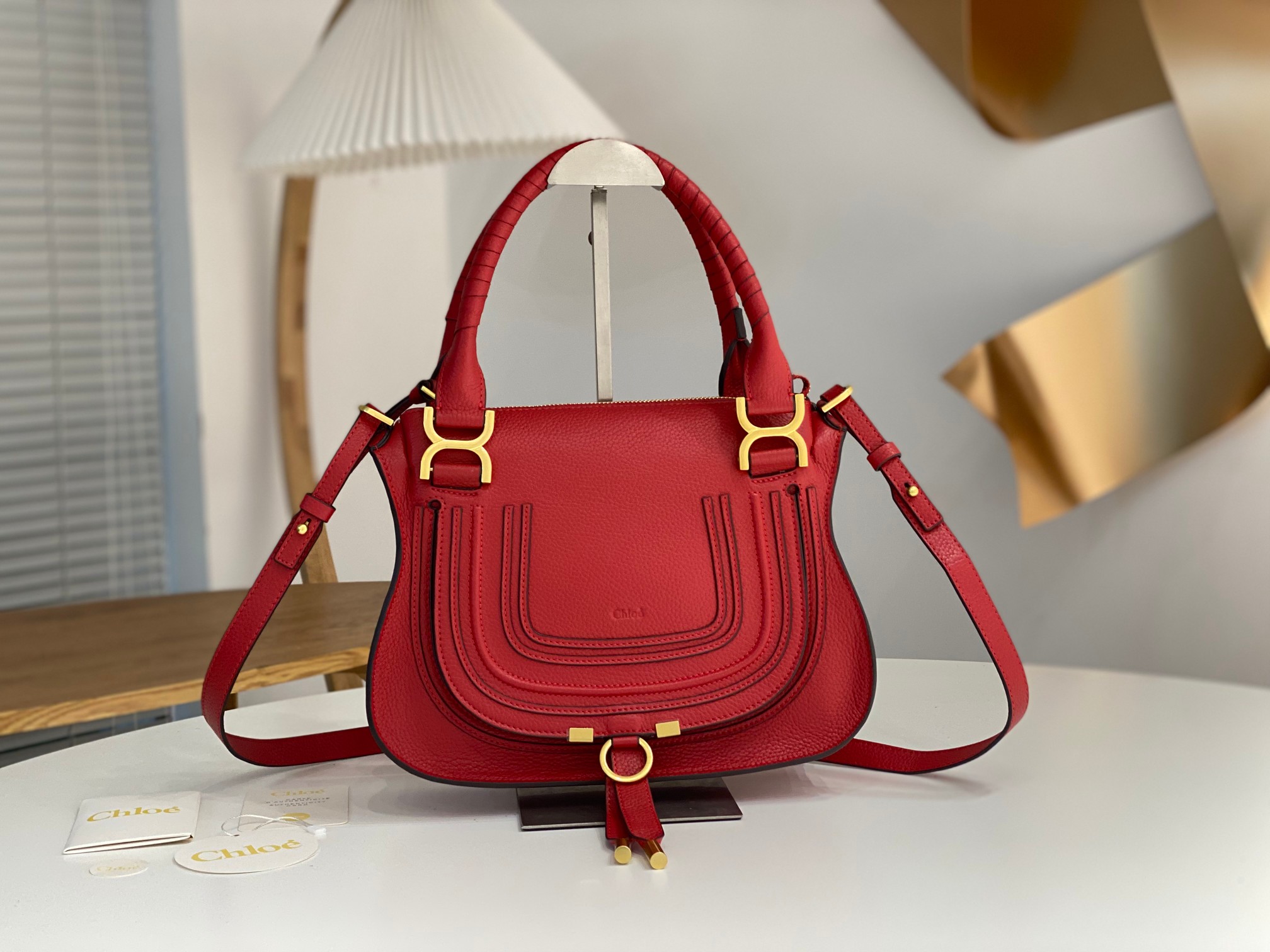 Chloe Small Marcie Bag In Red Grained Leather